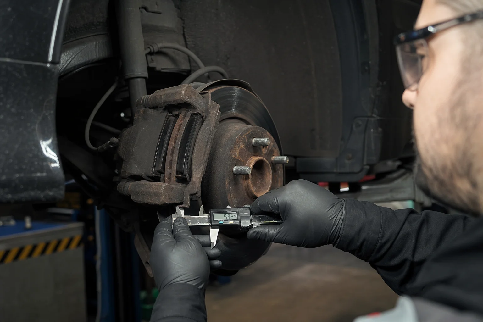 Technician measuring brake pad thickness on high-mileage car with digital caliper, 1200x675