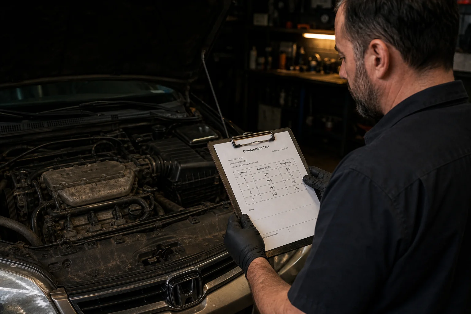 Technician reviewing engine compression log on high-mileage sedan in dark diagnostic bay, 1200x675