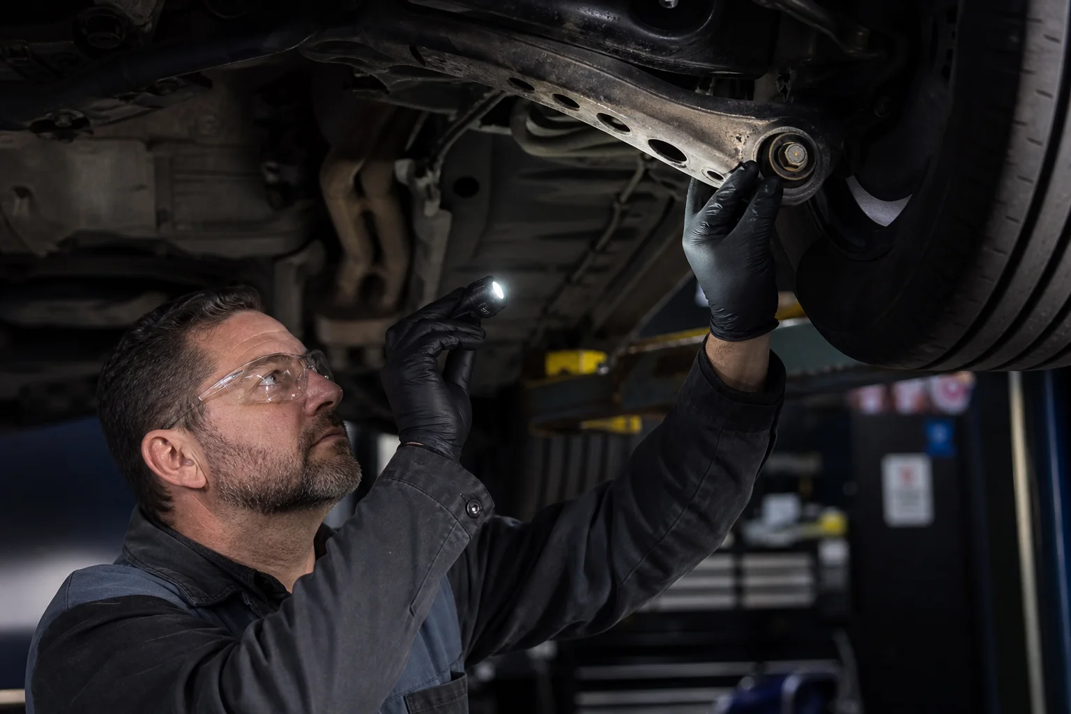 Technician inspecting suspension bushings on high-mileage vehicle on lift, 1200x675
