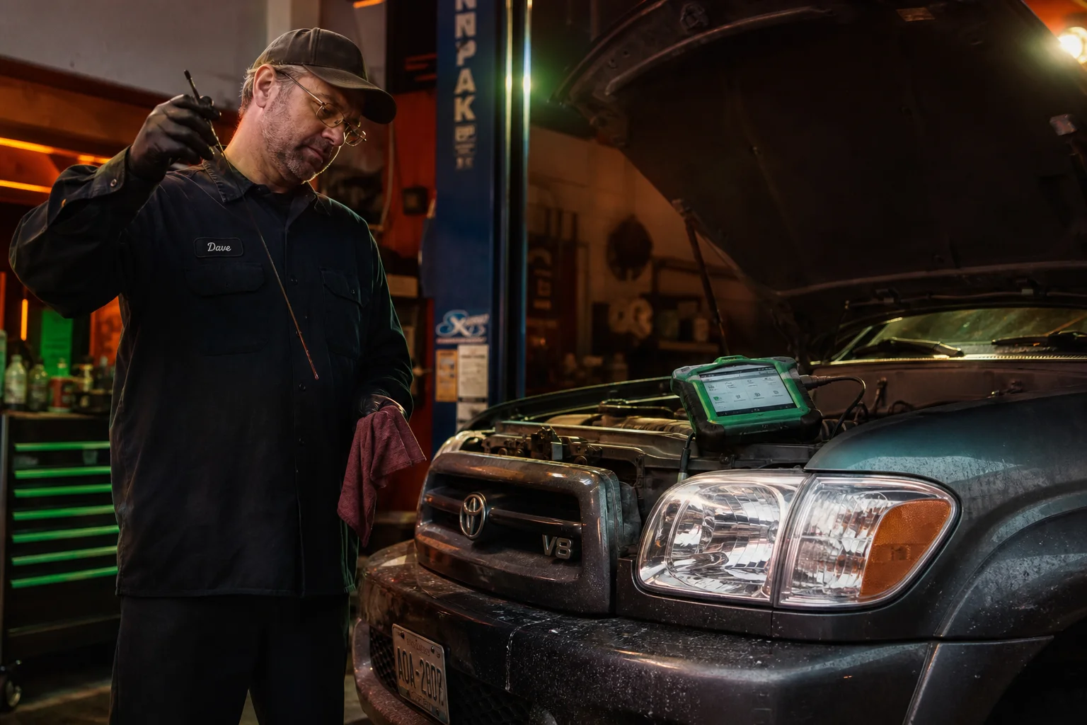 Mechanic checking transmission fluid on high-mileage SUV with scan tool connected, 1200x675